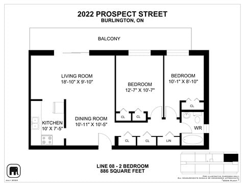 Floor plan for 2 beds, 1 bath, 884 sqft